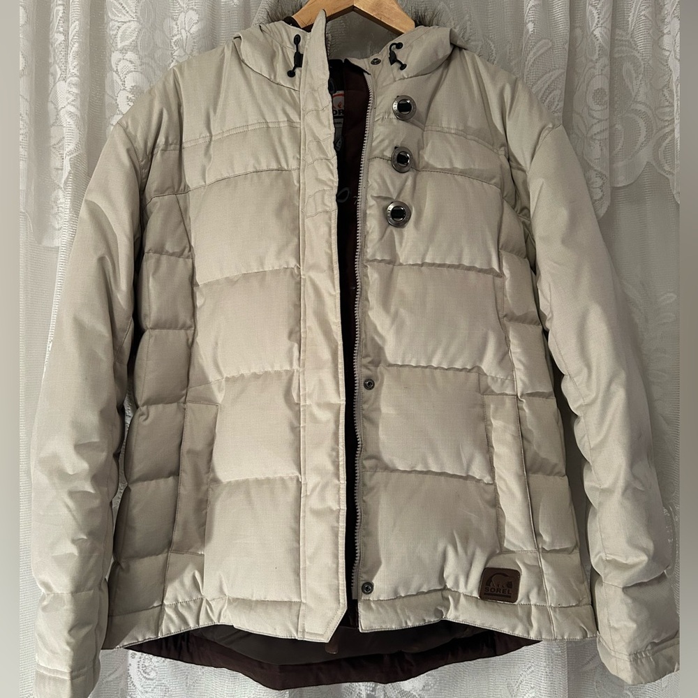 Sorel Down Puffer Jacket Women’s XL Beige Faux Fur Hood Quilted Winter Coat - Picture 4 of 11
